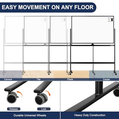 Image of Large Dry-Erase Rolling Magnetic Whiteboard - 48 x 32 Inches Dry Erase Board with Stand Height Adjust Double Sides Mobile White Board Easel on Wheels with 25 Sheets Paper Pad Office, Home & Classroom