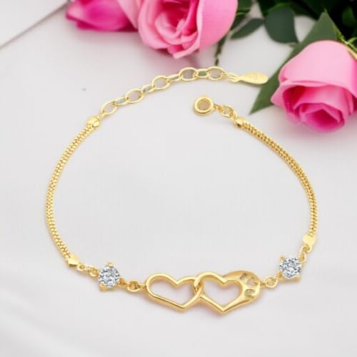 Image of Nilu's Collection Double Heart Shape Cubic Zirconia Charm Bracelet, Love Bracelet for Women and Girls, Valentine's Day Gift