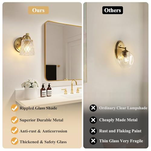 Image of Mecgirn Stainless Steel Bathroom Vanity Light Over Mirror, 1 Light Brushed Gold Bathroom Light Fixtures with Textured Glass Shades, Modern Vanity Lighting Wall Mount