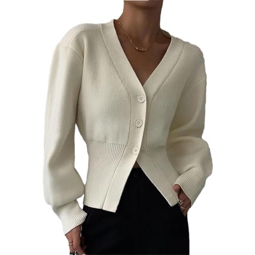 Women's V-Neck Sweater, Lantern Sleeve Short Sweater, Solid Color Retro Cardigan2