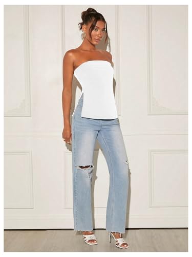 Floerns Women's Solid Strapless Bandeau Split Hem Casual Tube Top3