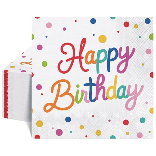 NatNarr 50 Pcs Happy Birthday Napkins 6.5 Inch Rainbow Birthday Cocktail Napkins with Colorful Dots Design Birthdays Party Supplies Suitable for Women & Kids