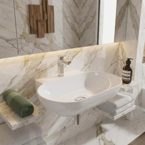 Image of Wall Mounted Wash Basin for Bathroom | Wall Hung Large Wash Basin /Ceramic Wash Basin /Vessel Sink (22.4 x 16 x 5.1 Inch, Orbit-7010)
