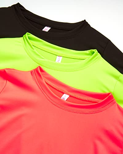 Sweet Hearts Girls 3 Pack Short Sleeve Dry-Fit Crew Neck Active Athletic Performance T-Shirt, Size 10/12, Lime/Neon Pink/Black #TOP2