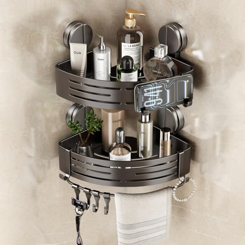 Corner Shower Caddy Suction Cup Shower Shelf Corner No Drilling Bathroom Shower Organizer Storage Rack Adhesive with Towel Bar Hooks(2-Pack, Gray)