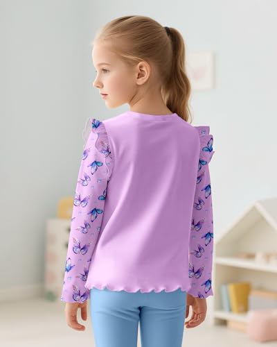Girls Long Sleeve Ruffle T-Shirts, Basic Crewneck Everyday Tops, Soft Print Tee for Kids 3-8Y3