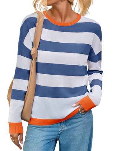 Yousify Womens Long Sleeve Color Block Shirts Casual Loose Fit Striped Tops Knit Lightweight Pullover Sweaters