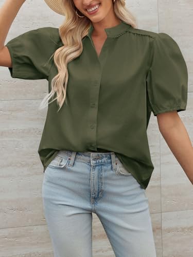 Tankaneo Womens Puff Sleeve Button Down Shirts Cotton Pleated Loose Fit Tops Summer Dressy Casual Blouses3