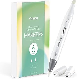 Ohuhu Alcohol Markers Colorless Blenders - Pack of 6 Alcohol Based Ink No.0 Blender Brush Pen of Ohuhu Markers for Easy Blending Layering with Alcohol Markers