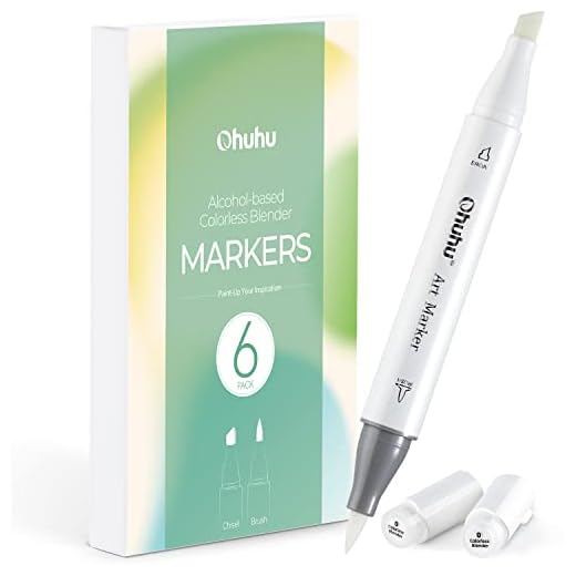 Ohuhu Alcohol Colorless Blenders - Pack of 6 Alcohol Based Ink No.0 Clear Blender Brush of Ohuhu Markers for Adding Highlights Textures - Erasing Mistakes - Works Well with All Alcohol Markers