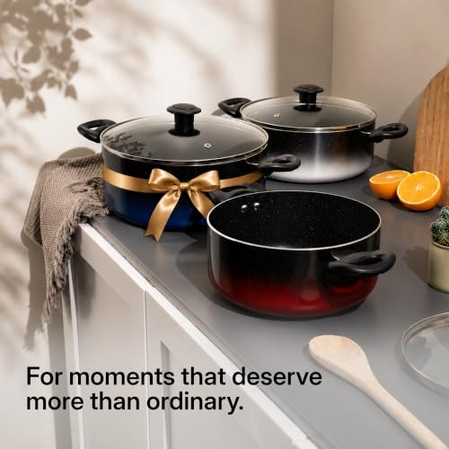 Image of Kreme Aura Granite Non Stick Cookware Set 10pcs | Aluminium Cookware Set | Fry Pan 20cm, 26cm, Sauce Pan 16cm, 18cm, Casserole Pot 20cm with 3 Glass Lid | Induction & Gas Compatible, Blue | Granite Cookware Set