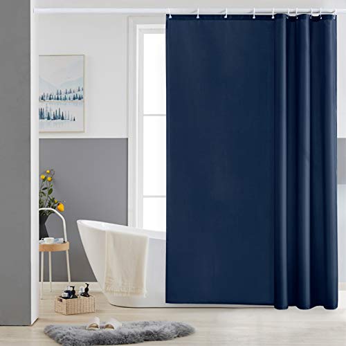 Furlinic Shower Curtain Mould Proof Resistantand Waterproof Washable Polyester Fabric Navy Bath Curtains with Weight Tape 10 Hooks for Wetroom 60x72 Inch.