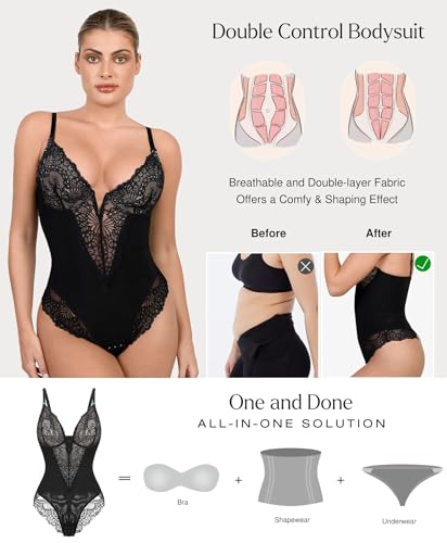 Popilush Shapewear Bodysuits for Women Lace Corset Tops Tummy Control V Neck Sleeveless Body Suit Thongs2
