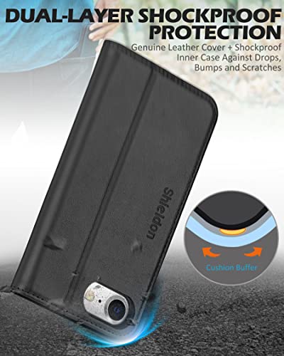 Shieldon Case For Iphone Se 2022 5G/Se 2020 4.7", Iphone 8/7 Wallet Case Genuine Leather [Card Holder] Magnetic Stand Flip Book Cover Shockproof Protection Case Compatible With Iphone Se3/Se2 - Black #TOP5