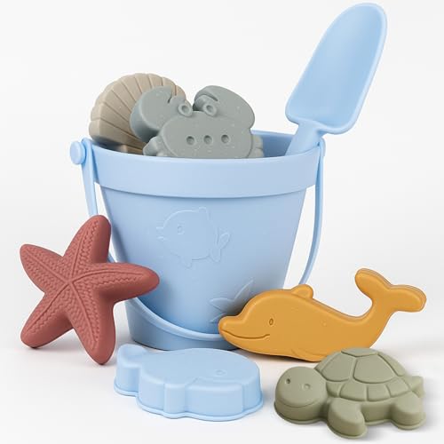 ROHSCE Baby Beach Toys for Toddlers Kids, Collapsible Baby Silicone Beach Toys,7 Sand Molds Toddler Sand Toys with Beach Buckets for Kids Boy and Girl (Blue)