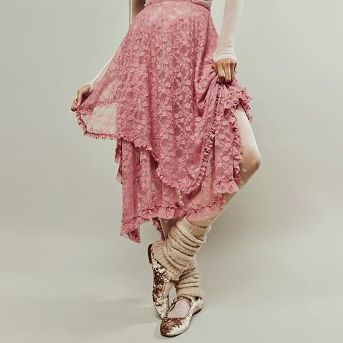 Women's Lace Long Skirt Elastic High Waist Asymmetrical Layered Flowy Maxi Skirt Irregular Hem Beach Boho Skirts2
