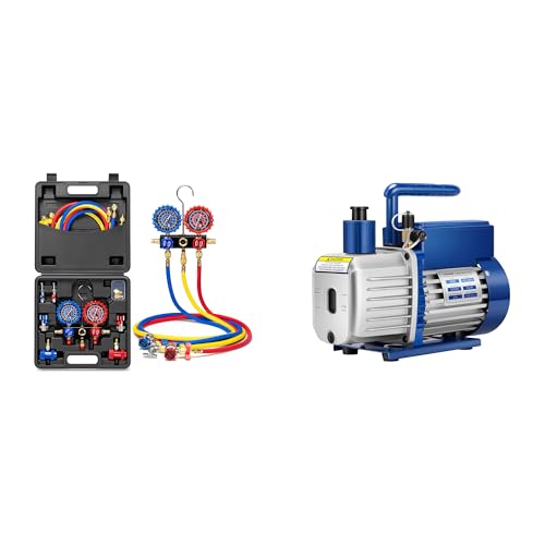 VIVOHOME HVAC Manifold Gauge Set with R134a R1234yf Quick Couplers and Can Taps, Automotive AC Gauges 1/4 HP 3.5 CFM 1 Stage A2L HVAC Vacuum Pump, Sparkless Motor with Oil Bottle