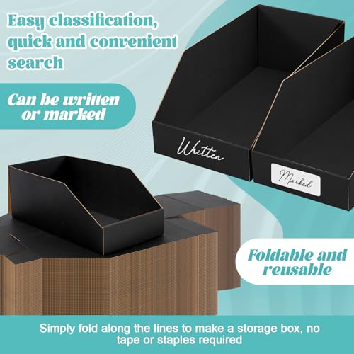 Image of Fuyoooo 30 Pack 12 x 6 x 4. 5 Inches Cardboard Storage Bins Open Top Bin Boxes Corrugated Shelf Organizer Bins for Pantry, Parts, Garage, Snacks, Bottles, Cans or Warehouse Home Cubby, Black