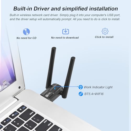Image of 2-in-1 USB WiFi 6 Adapter for Desktop PC & Bluetooth 5.4 Dongle | 900Mbps - 5dBi Antenna - BT5.4 - Dual Band 5G /2.4G for Desktop PC Laptop - Built-in Driver - Windows 11 /10 /7 Compatible