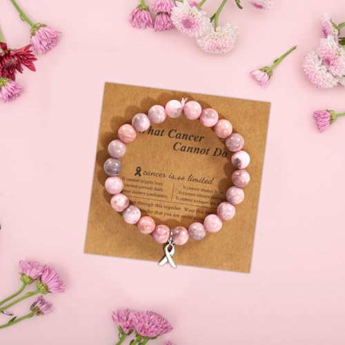 Breast Awareness Bracelet for Women, Ribbon Charm Beaded Bracelets Natural Stone Agate Breast Survivor Self Care Inspirational Gifts Encouragement Accessories for Woman Friends Sister4