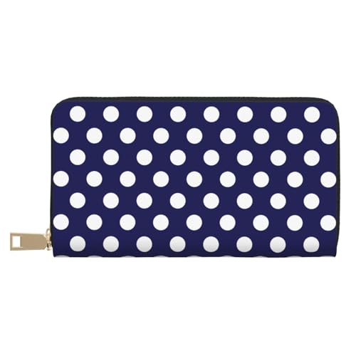 Leather Thin Slim Wallets for Women Men - Fashion Navy polka dot print Card Wallet Holder with Zipper