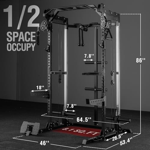 Image of Mikolo HR06 Power Cage with Aluminum Pulleys, 2000LB Power Rack with Independent Dual Pulley System, Multi-Function Home Gym Workout Machine for Cable Crossover