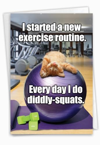 NobleWorks - 1 Funny Happy Birthday Cat Card, Workout, Gym, Exercise, Animals and Pet Lover Humor, Kitten Birthday Celebration Notecard - Diddly Squats C3955BDG