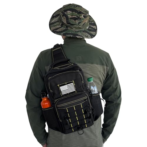 Image of Rover Sling Pack Tactical Shoulder Sling Bag Backpack with Bottle Holder Crossbody Chest Bag, Black with Yellow