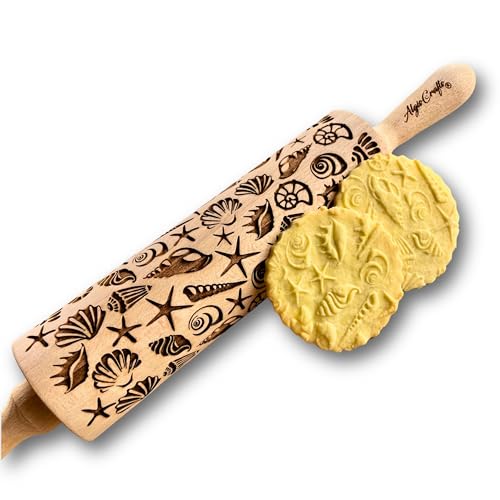 Rouleau en bois avec embossage coquillages pour vos biscuits DIY