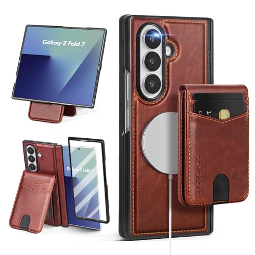 SkyEagle Compatible with Magsafe Detachable Magnetic Samsung Galaxy Z Fold 7 Phone Wallet Case with Card Holder | Built-in Screen Protector | Kickstand | RFID Blocking | PU Leather Cover |Brown