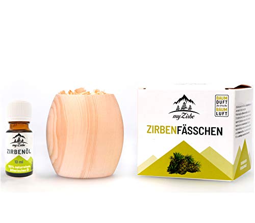 Foto von Zirbenfässchen - Zirbenholz Duftset mit Zirbenöl und Zirbenspänen in Geschenkverpackung die Alternative zum Zirbenwürfel