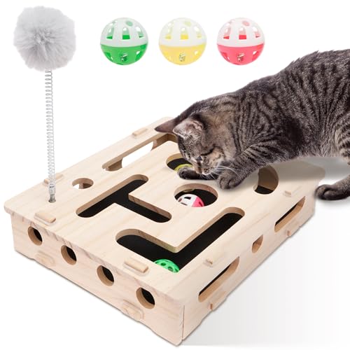 Cat Nail File Scratch Enrichment Box, Wood Cat Scratch Puzzle Enrichment Box with Sandpaper, Nail File with 3 Bell Ball and Teaser Wand,Nails Trimming Alternative for Cats of All Ages