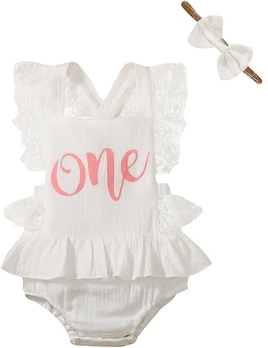Image of Singcoco Baby Girl First Birthday Outfit 1st Birthday Clothes Romper One Year Old Birthday Lace Bodysuit