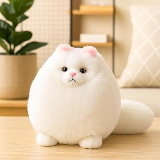 Image of Fluffy Persian Cat Plush, Ultra-Soft Stuffed Animal, White, Cuddly Round Kitty Pillow Toy for Kids & Adults, Home Decor, Snuggling, 27cm