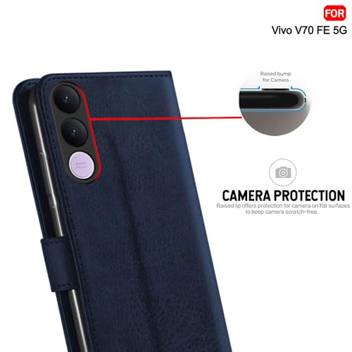 Image of TheGiftKart Genuine Leather Finish Flip Back Cover Case for Vivo V70 FE 5G | Inbuilt Pockets & Stand | Wallet Style | Designer Button Magnet Flip Back Cover Case (Faux Leather, Blue)