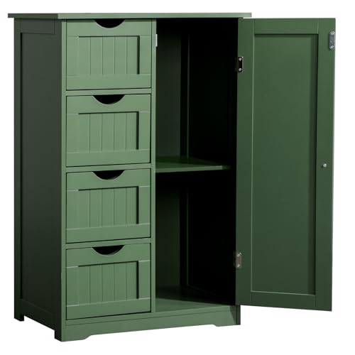Image of Vasitelan Bathroom Wooden Floor Cabinet, Side Storage Organizer with 4 Drawers and 1 Cupboard, Freestanding Entryway Storage Unit Console Table,22 inch W x 11.8 inch D x 31.5 inch H (Green)