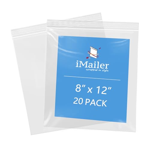 iMailer - 8" x 12" 20 Pack - 2 Mil Resealable Zip Bags - Clear Plastic Bags with Zip Top Lock for Storage, Organizing, Crafts, Travel