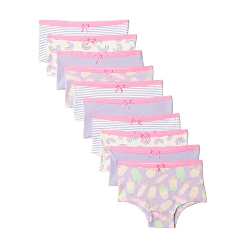 Amazon Essentials Girls Cotton Jersey Boyshort Underwear Pack of 10 Lilac/ Rainbow/ Stripes 6