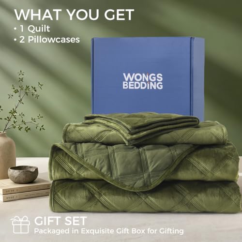 WONGS BEDDING Velvet Comforter King, Lattice Diamond Quilt Set, Olive Green - image 6