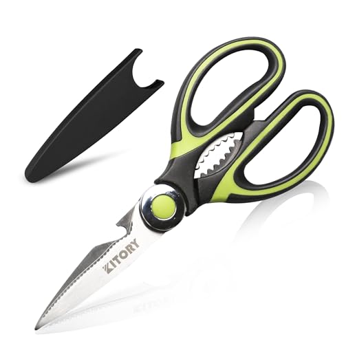 Küchenschere 21 cm, Universalschere mit Klingenabdeckung, Scharfe Haushaltsschere, Flaschenöffner, Sägeschliff, Qualitätsstahl, Spülmaschinenfest, schwarz grün