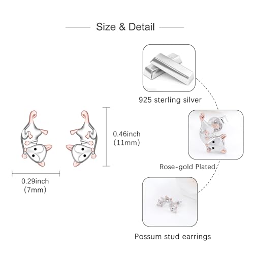 Cute Possum Earrings for Women - 925 Sterling Silver Opossum Stud Earrings Animal Jewelry Hypoallergenic Birthday Christmas Gift 6