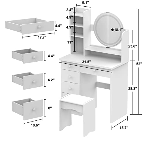 AGOTENI Makeup Vanity Set Dresser Desk with 5 Drawer and Shelf Round Mirror with Touch Screen and Light Vanity Set with Cushioned Stool for Bedroom, White