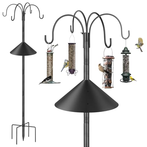 Bird Feeder Pole Stand Squirrel Proof for Outdoors Heavy Duty Shepherds Hook for Bird Feeder with Baffle, 88in Tall Double Garden Hooks for Hanging Plant Light, 1 Pack
