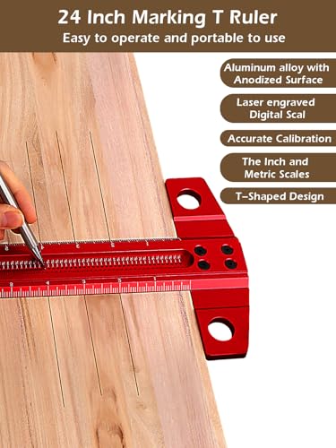 T-Square Woodworking Ruler - 24 Inch Architect Precision Marking Ruler, Aluminum Alloy Speed Square & Woodworking Scriber, for Carpenter Crafting, Marking, Layout, Scribing and Measuring, Red - Image 3