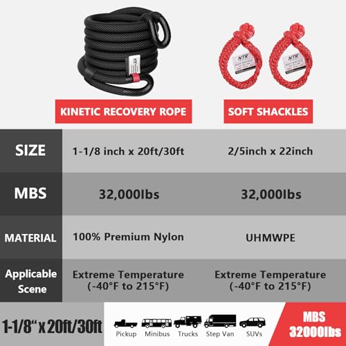 Image of NTR 1-1 /8 inch x 30' Kinetic Recovery Tow Rope (37,480lbs), with 2 UHMWPE Soft Shackles (40,980lbs), Heavy-Duty Offroad Snatch Strap, Vehicle Recovery kit for Jeep car Truck ATV UTV SUV, Black