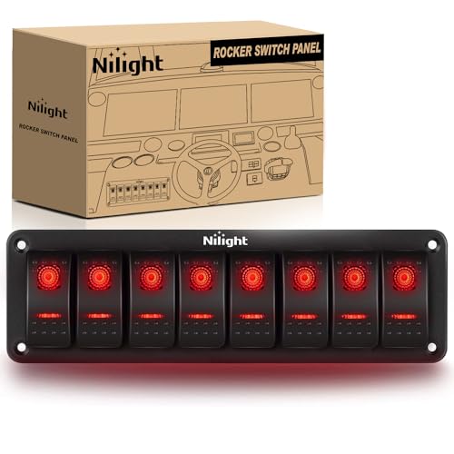 Image of Nilight 8 Gang Rocker Switch Panel SPST On Off Toggle with DIY Label Sticker | 5PIN Electrical 12V /20A 24V /10A Aluminum Plate with Pre-Wired Jumper Wires for LED Light Bar RV Boats 4X4 Cars Red