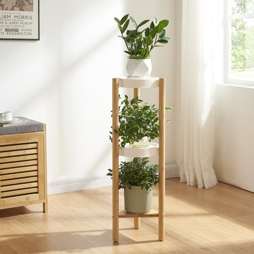 [en.casa] Soporte para Plantas Estanterías para macetas de 3 Niveles Decorativo Organizador de Macetas Portamacetas Bambú y Plástico 78 x 25 x 25 cm - Color Natural y Blanco