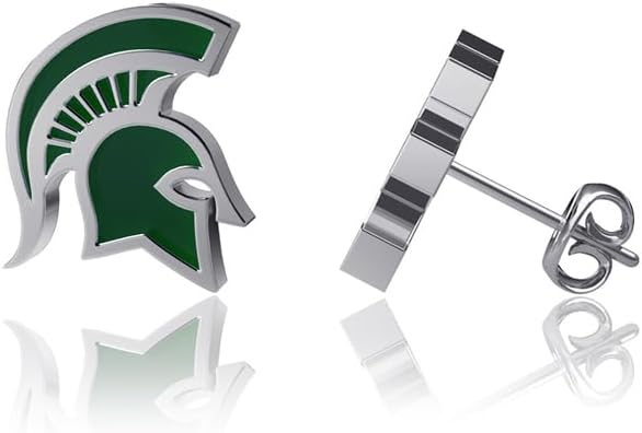 Michigan State University Post Earrings - Platinum over 925 Solid Sterling Silver Studs, Officially Licensed Jewelry Gifts for Coaches and Women Graduates, Alumni, Spartans Logo Charm by Dayna Designs