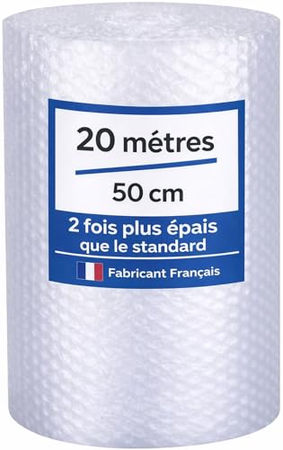 Rouleau Papier Film à bulles - 20 mètres x 50 cm - FABRIQUÉ EN FRANCE - Idéal Emballage Déménagement et Expédition Colis - Papier Bulle Épaisseur...