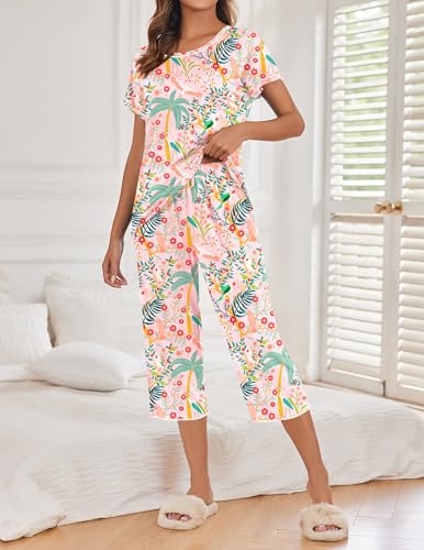 Image of Ekouaer Women's Capri Pajama Sets Print Short Sleeve Sleepwear Top and Capri Pants Soft Loungewear with Pocket